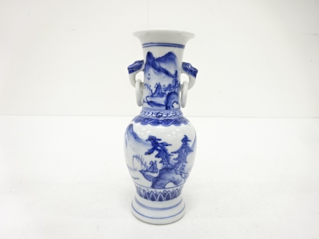  三浦竹泉造　染付　山水　耳付花入